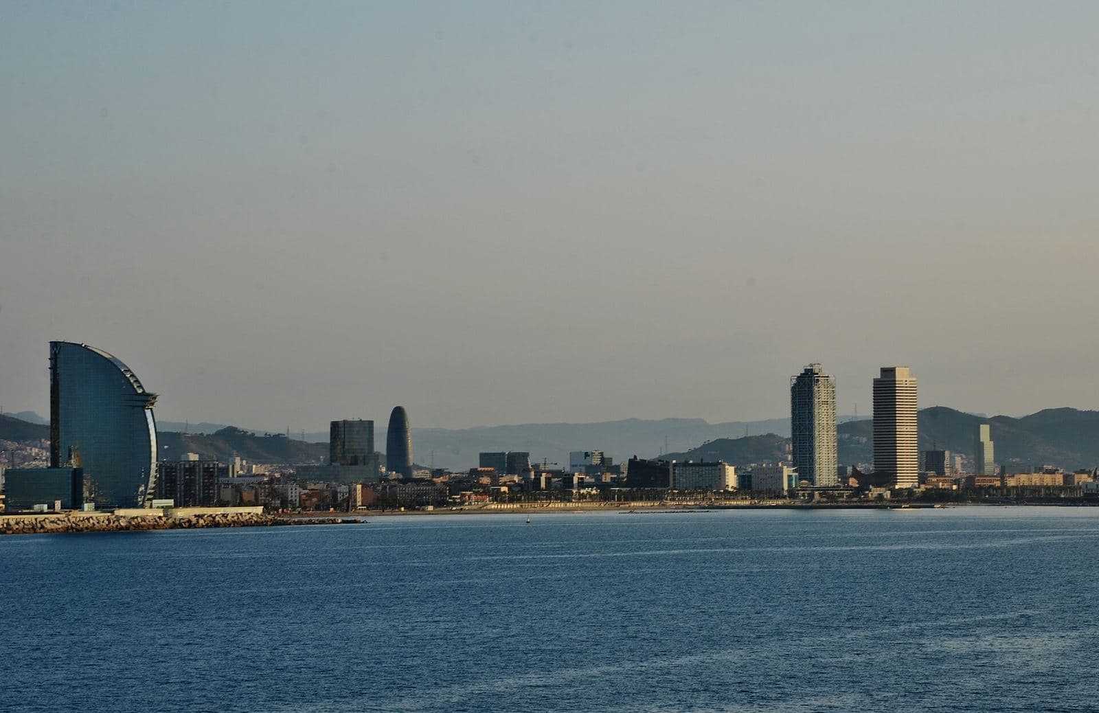 Barceloneta beach with the Barcelona skyline behind